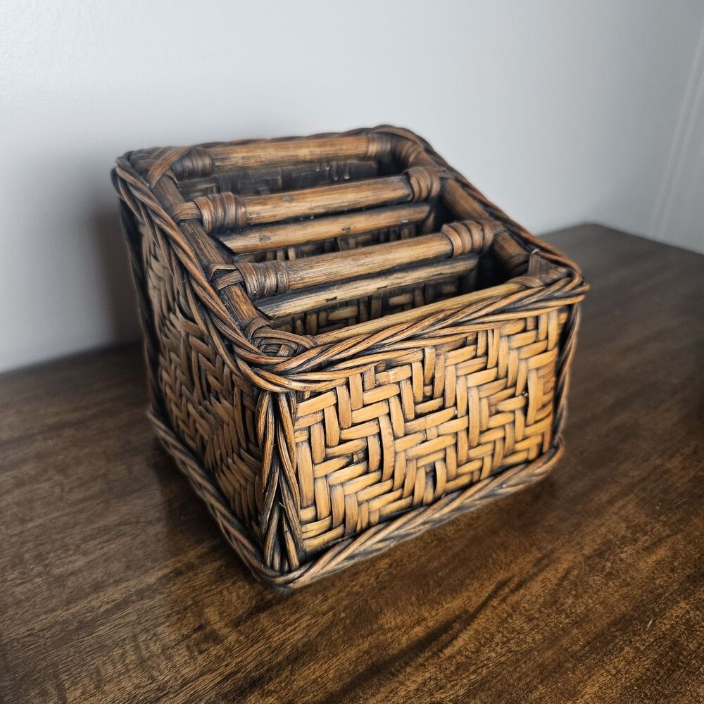 Boho Chic Woven Rattan Bamboo Desk Organizer 3 Compartment Vintage Storage